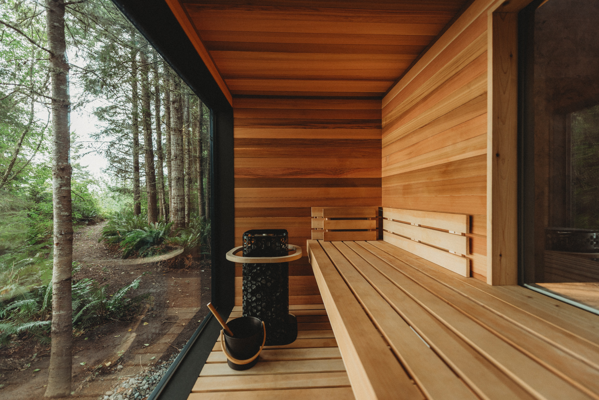 Private cedar sauna for two at Menizei with Salish Sea views